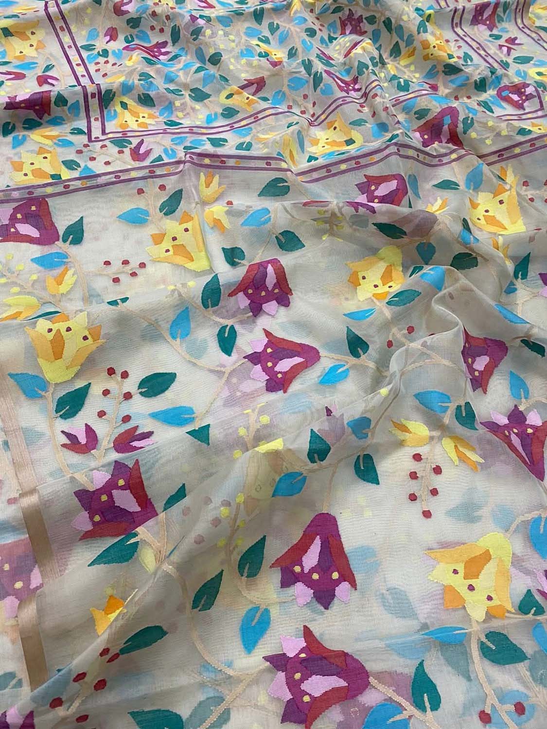 Multicolor Pure Handweaved Jamdani Muslin Meenakari Saree - Luxurion World