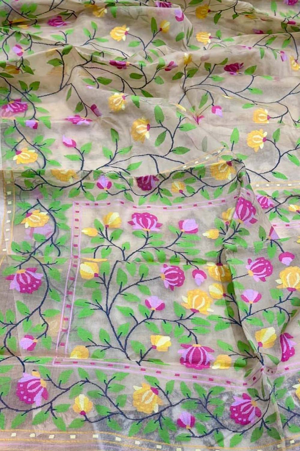 Multicolor Pure Handweaved Muslin Jamdani Meenakari Saree - Luxurion World