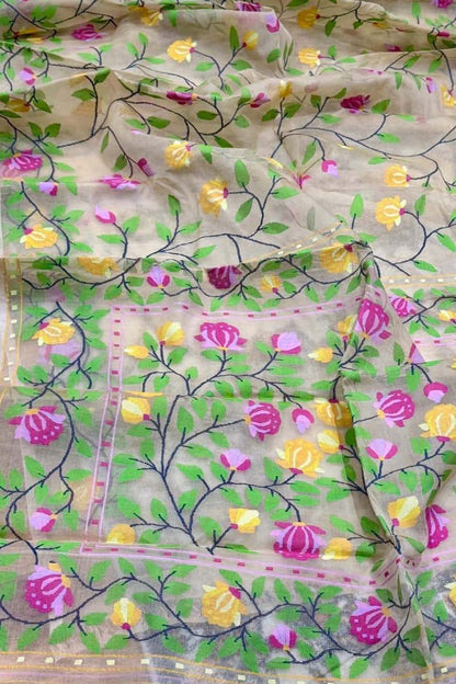 Multicolor Pure Handweaved Muslin Jamdani Meenakari Saree