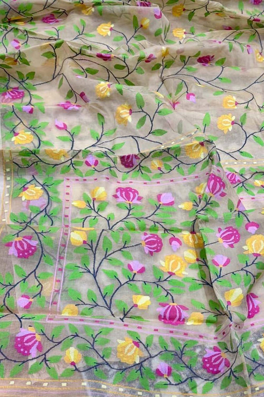 Multicolor Pure Handweaved Muslin Jamdani Meenakari Saree