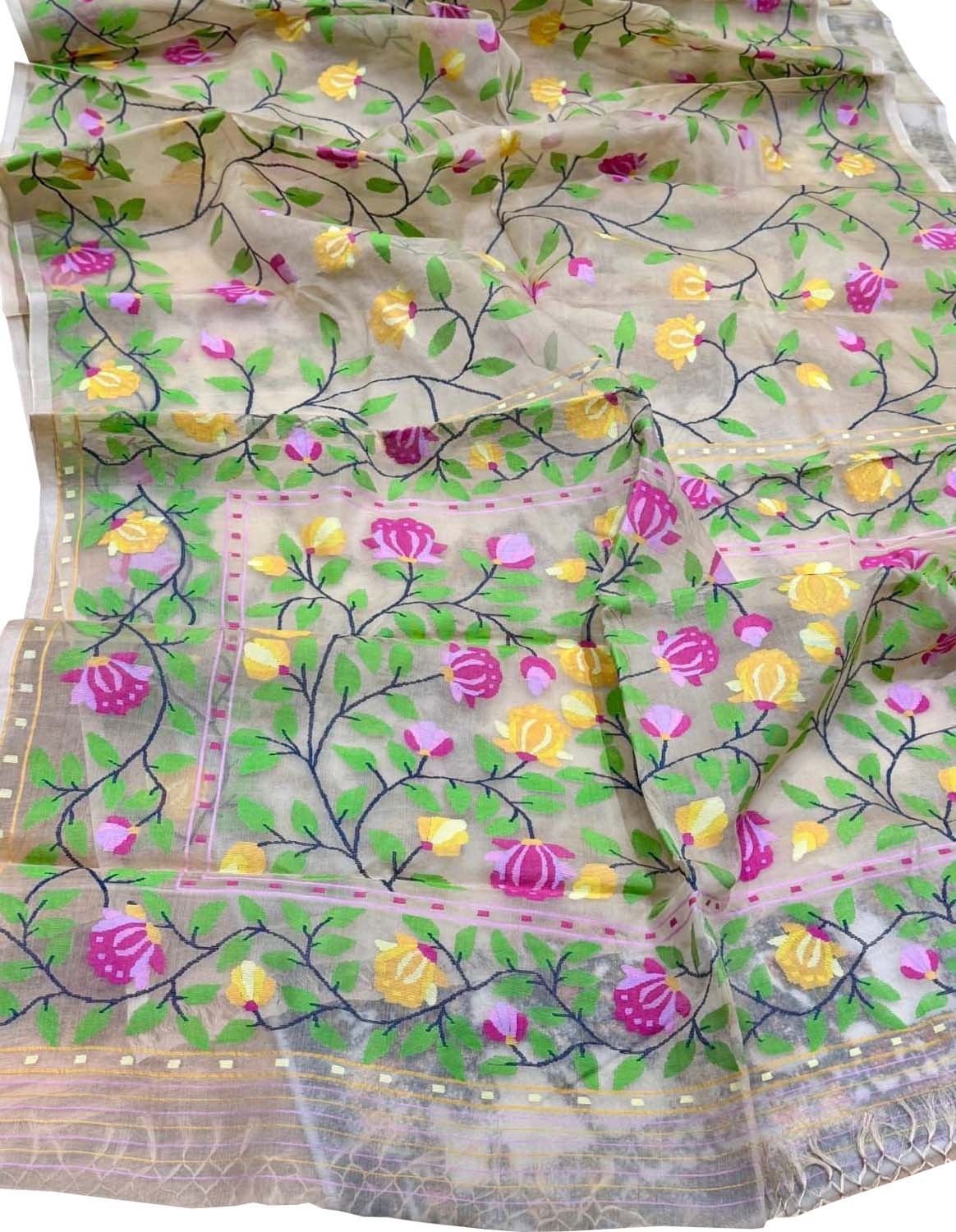 Multicolor Pure Handweaved Muslin Jamdani Meenakari Saree - Luxurion World