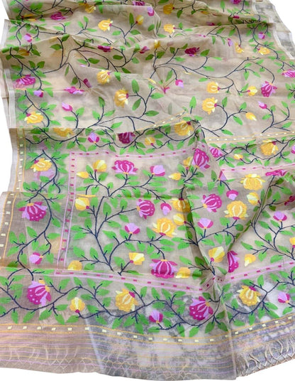 Multicolor Pure Handweaved Muslin Jamdani Meenakari Saree