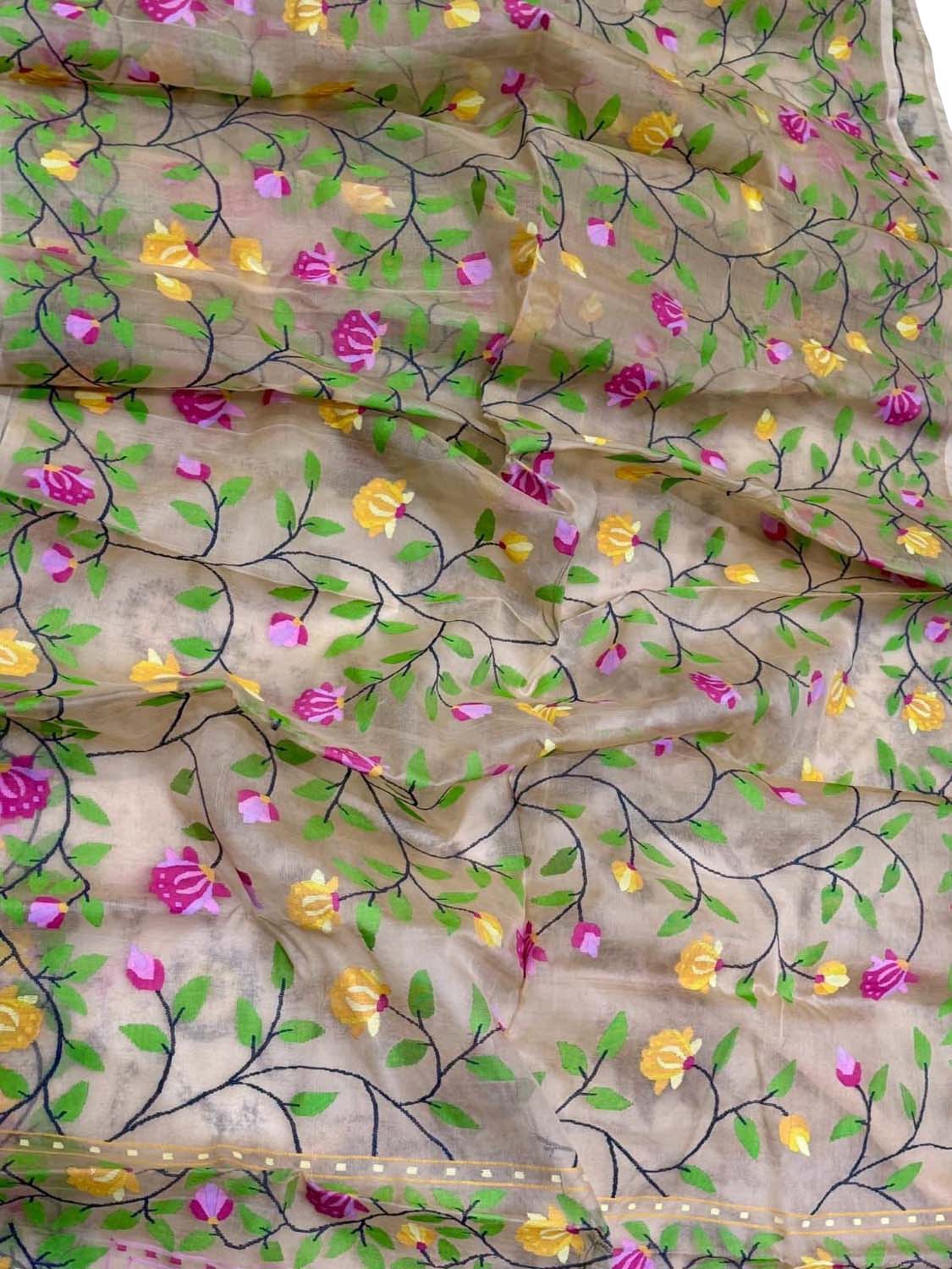 Multicolor Pure Handweaved Muslin Jamdani Meenakari Saree - Luxurion World
