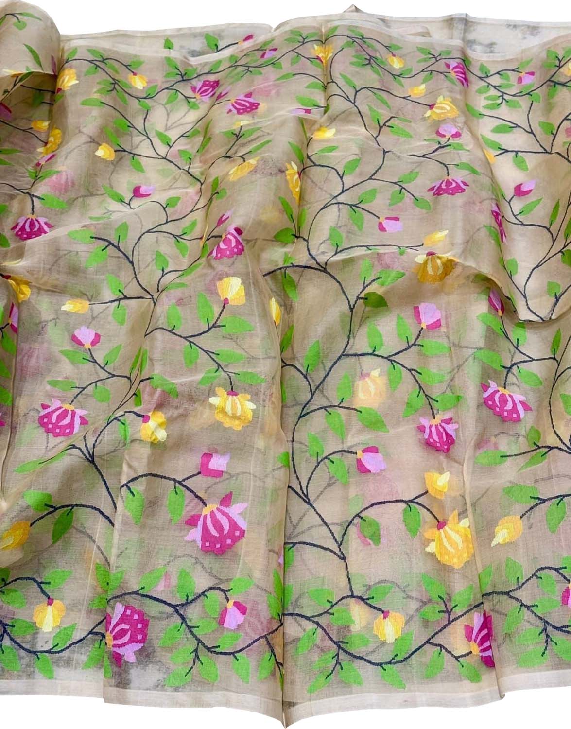 Multicolor Pure Handweaved Muslin Jamdani Meenakari Saree - Luxurion World