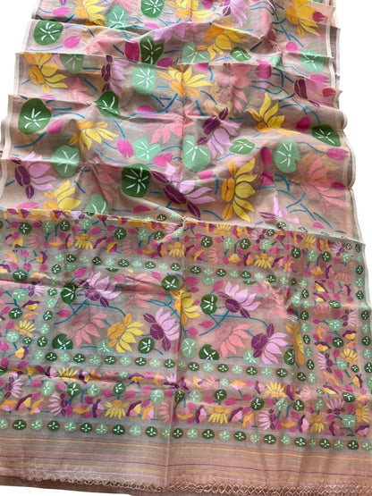 Pink Pure Handweaved Muslin Jamdani Meenakari Saree