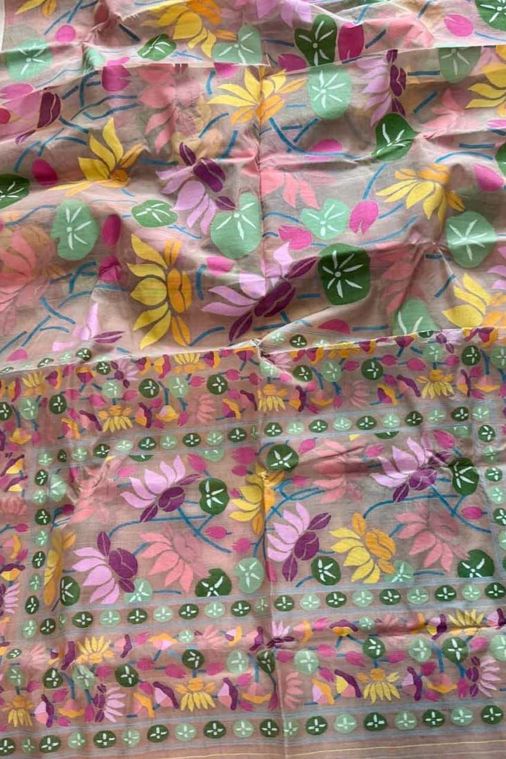 Pink Pure Handweaved Muslin Jamdani Meenakari Saree