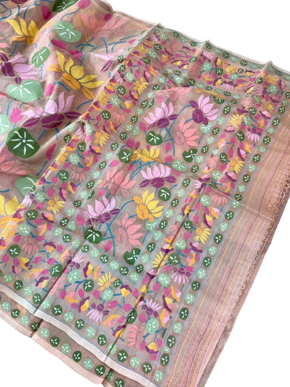 Pink Pure Handweaved Muslin Jamdani Meenakari Saree