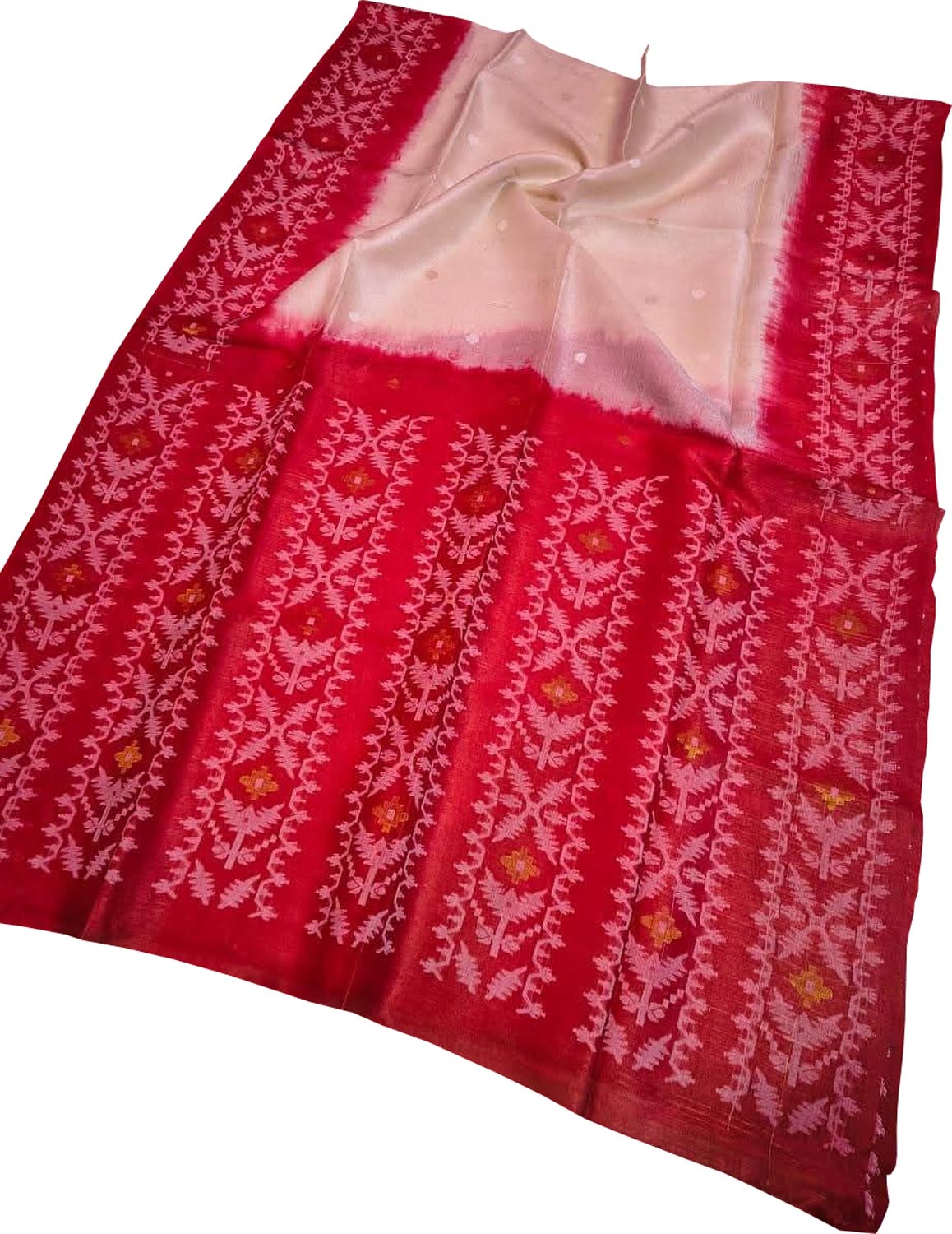 Pink and Red Pure Handweaved Jamdani Meenakari Saree