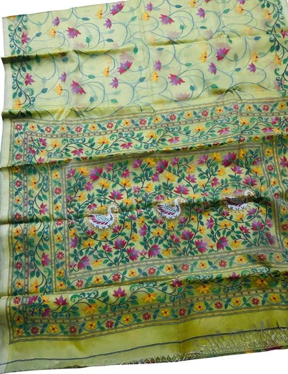 Yellow Pure Handweaved Muslin Jamdani Meenakari Saree