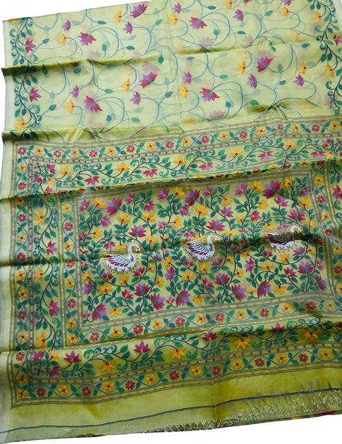 Yellow Pure Handweaved Muslin Jamdani Meenakari Saree - Luxurion World