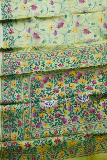 Yellow Pure Handweaved Muslin Jamdani Meenakari Saree