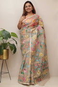 Pastel Pure Handloom Muslin Jamdani Meenakari Saree - Luxurion World
