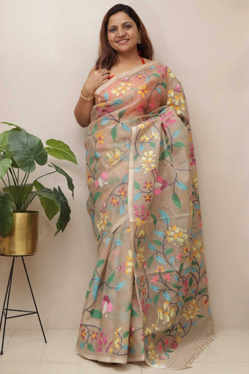 Pastel Pure Handloom Muslin Jamdani Meenakari Saree - Luxurion World