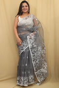 Exquisite Grey Handloom Jamdani Muslin Saree: Timeless Elegance - Luxurion World