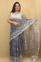 Exquisite Grey Handloom Jamdani Muslin Saree: Timeless Elegance - Luxurion World