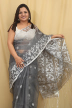 Exquisite Grey Handloom Jamdani Muslin Saree: Timeless Elegance - Luxurion World