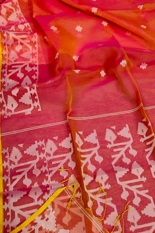 Stunning Pink and Orange Handloom Jamdani Muslin Saree - Perfect for Any Occasion! - Luxurion World