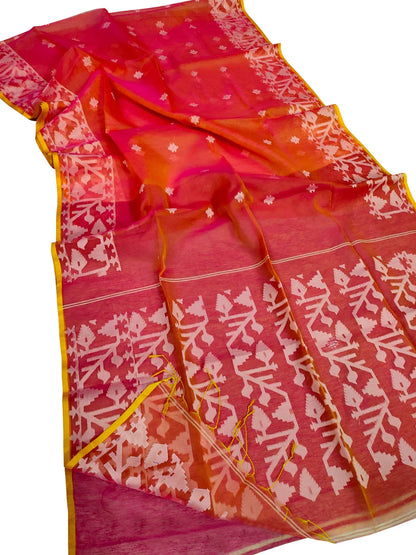 Stunning Pink and Orange Handloom Jamdani Muslin Saree - Perfect for Any Occasion! - Luxurion World