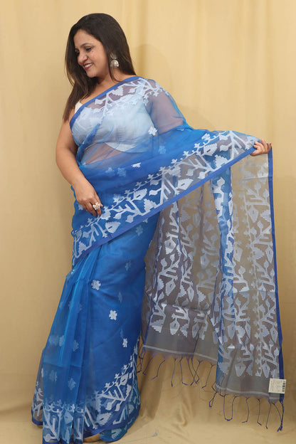 Exquisite Blue Handloom Jamdani Muslin Saree - Perfect for Any Occasion - Luxurion World