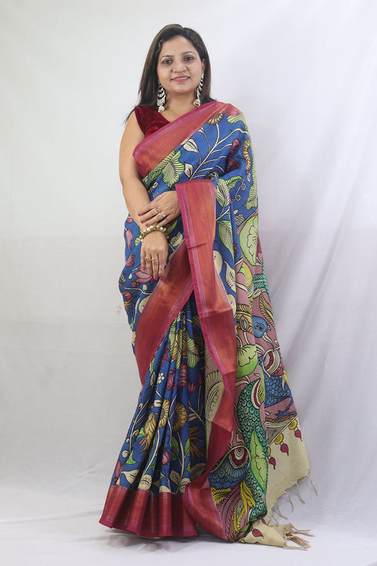 Stunning Blue Kalamkari Silk Saree with Hand Painted Design - Luxurion World