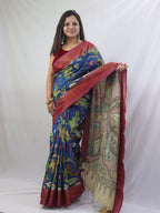 Stunning Blue Kalamkari Silk Saree with Hand Painted Design - Luxurion World
