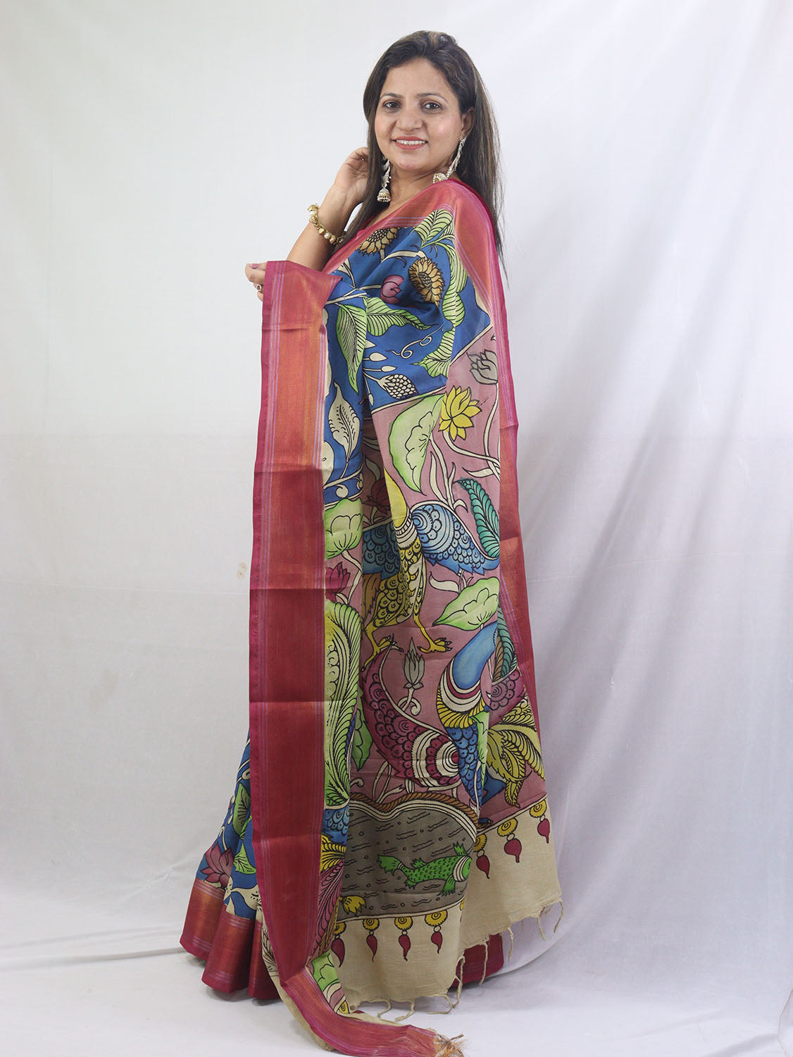 Stunning Blue Kalamkari Silk Saree with Hand Painted Design - Luxurion World