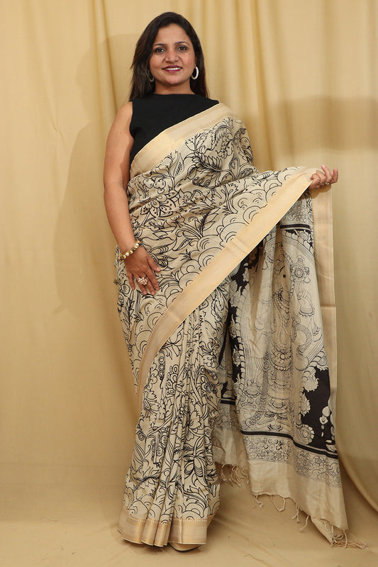 Stunning Black & White Kalamkari Hand-Painted Bangalore Silk Saree - Luxurion World