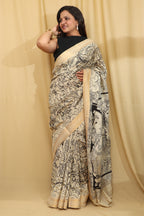 Stunning Black & White Kalamkari Hand-Painted Bangalore Silk Saree - Luxurion World