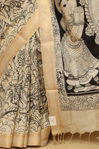 Stunning Black & White Kalamkari Hand-Painted Bangalore Silk Saree - Luxurion World
