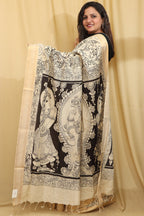 Stunning Black & White Kalamkari Hand-Painted Bangalore Silk Saree - Luxurion World