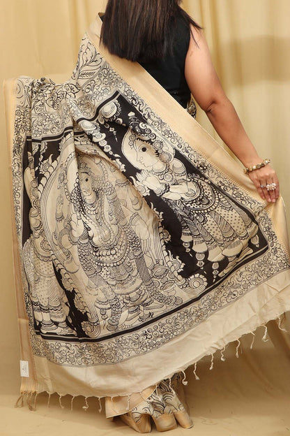 Stunning Black & White Kalamkari Hand-Painted Bangalore Silk Saree - Luxurion World