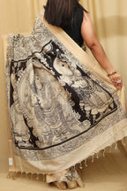 Stunning Black & White Kalamkari Hand-Painted Bangalore Silk Saree - Luxurion World