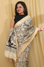 Stunning Black & White Kalamkari Hand-Painted Bangalore Silk Saree - Luxurion World