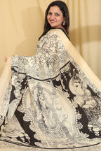 Stunning Black & White Kalamkari Hand-Painted Bangalore Silk Saree - Luxurion World