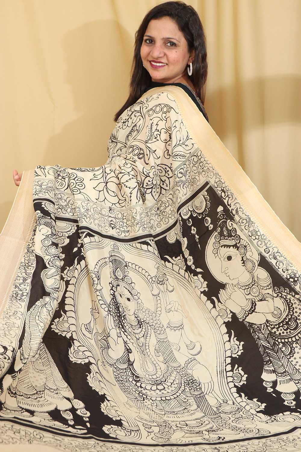 Stunning Black & White Kalamkari Hand-Painted Bangalore Silk Saree - Luxurion World