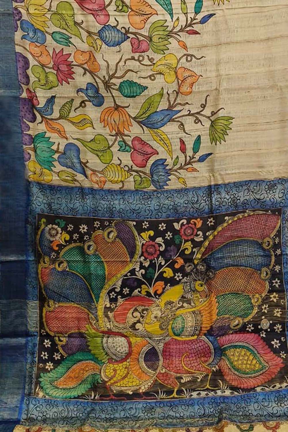 Vibrant Multicolor Hand Pen Kalamkari Tussar Silk Saree - Luxurion World