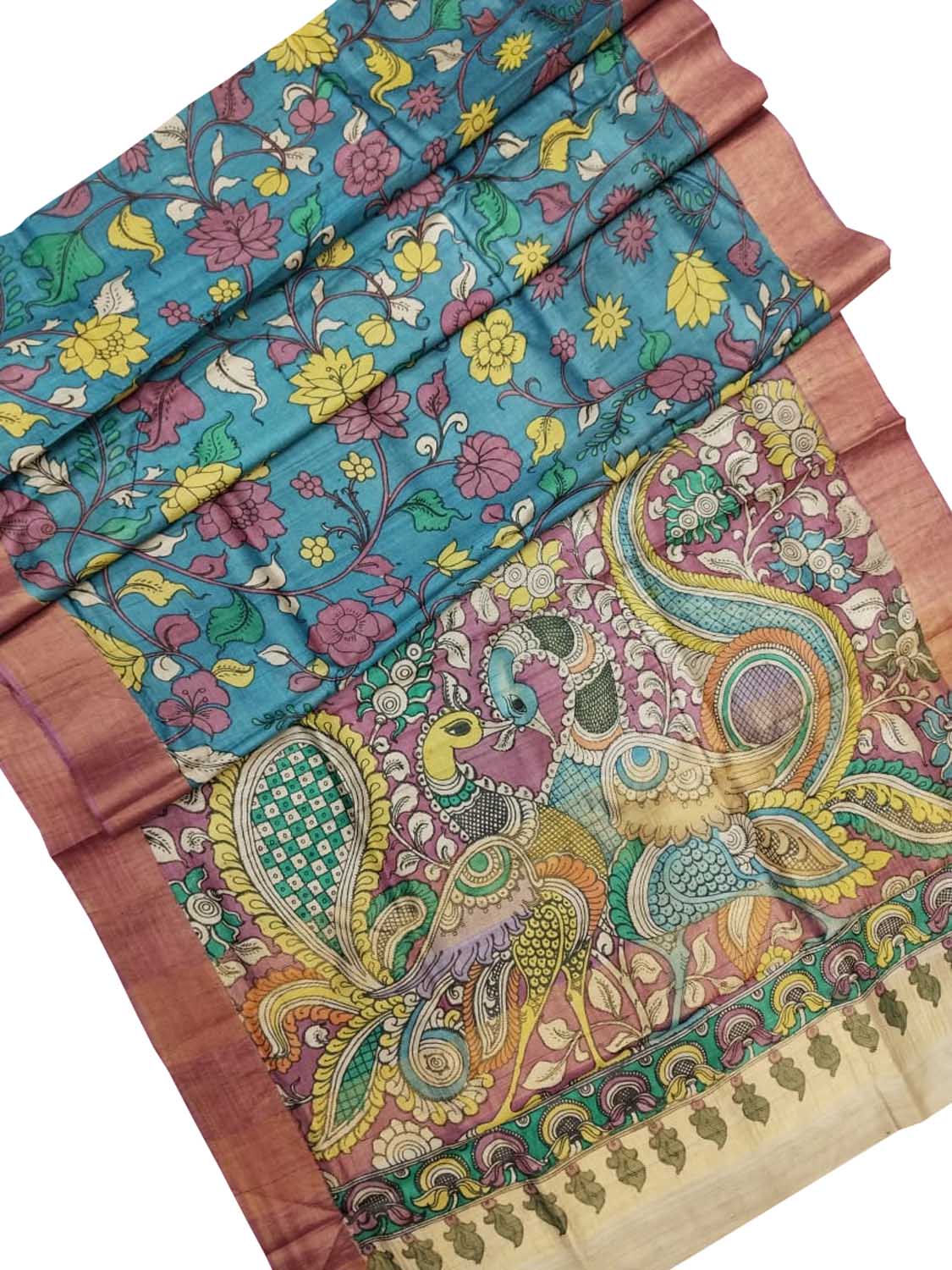 Vibrant Multicolor Hand-Painted Tussar Silk Saree with Kalamkari Design - Luxurion World
