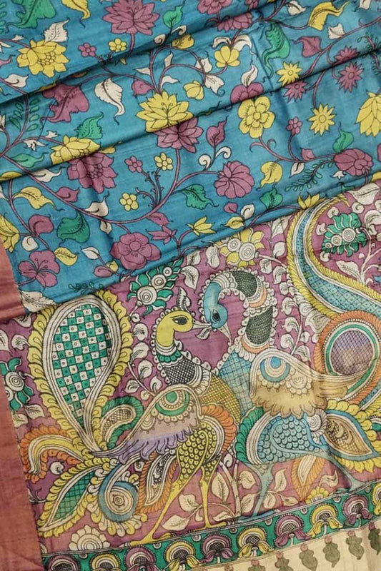Vibrant Multicolor Hand-Painted Tussar Silk Saree with Kalamkari Design - Luxurion World