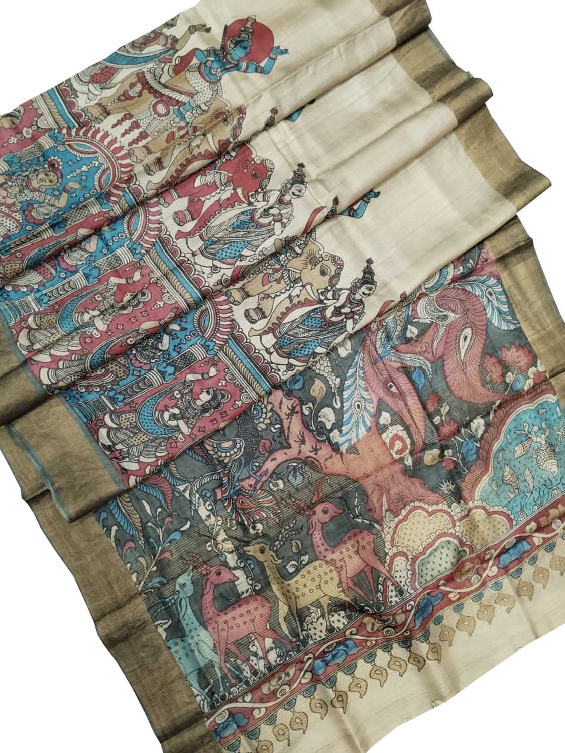 Vibrant Multicolor Hand Pen Kalamkari Tussar Silk Saree - Luxurion World