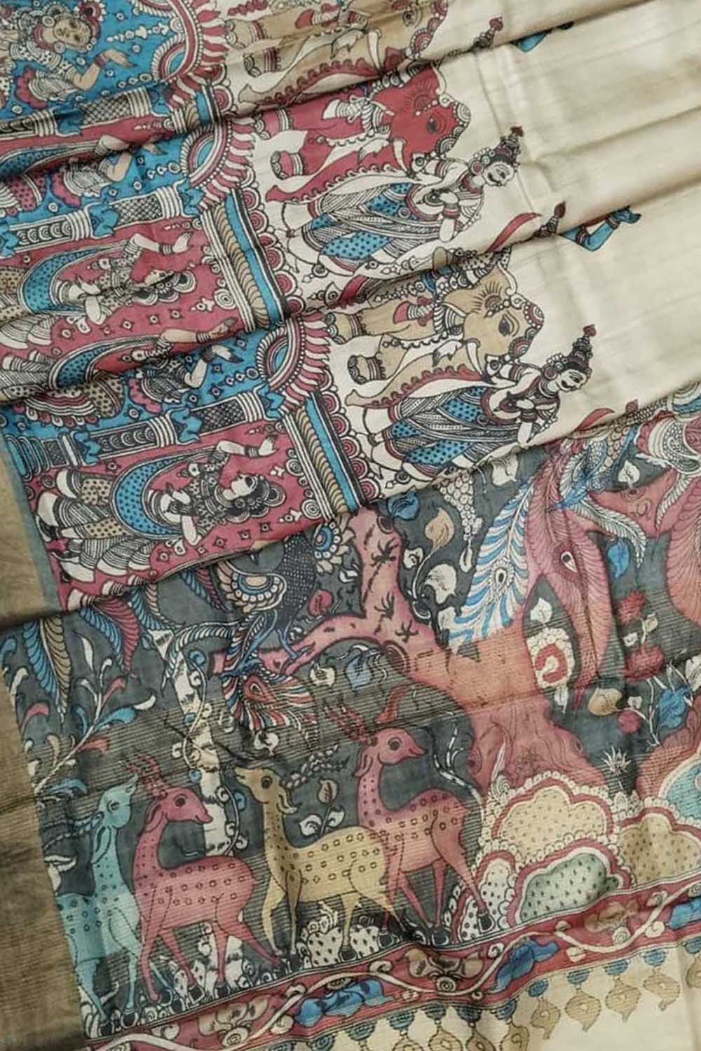 Vibrant Multicolor Hand Pen Kalamkari Tussar Silk Saree - Luxurion World