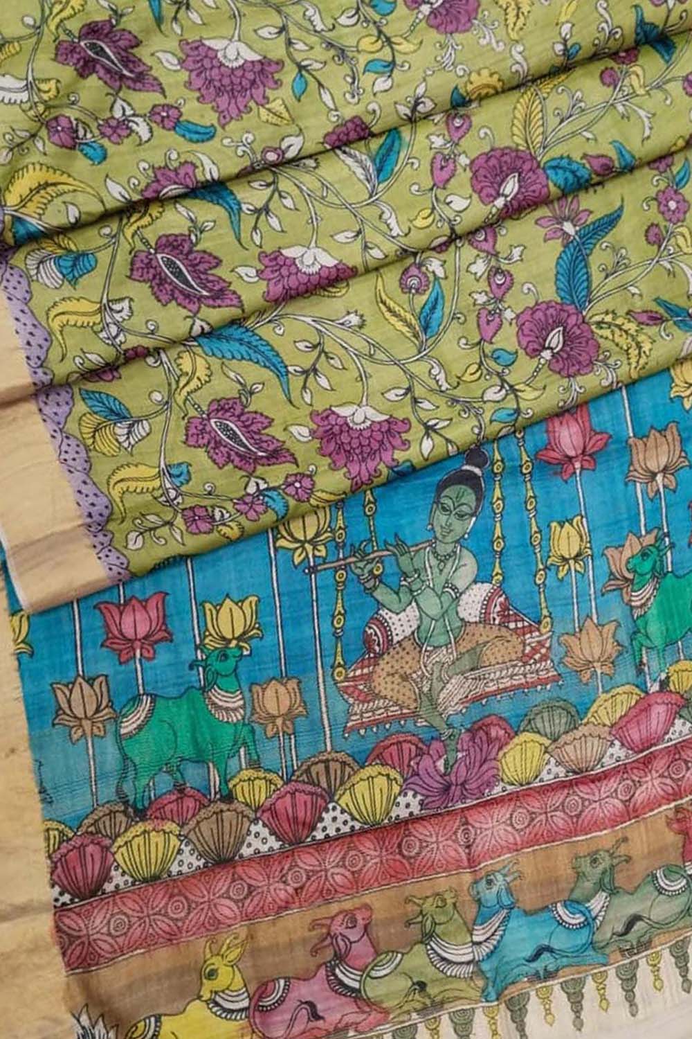 Stunning Multicolor Hand Pen Kalamkari Tussar Silk Saree - Luxurion World