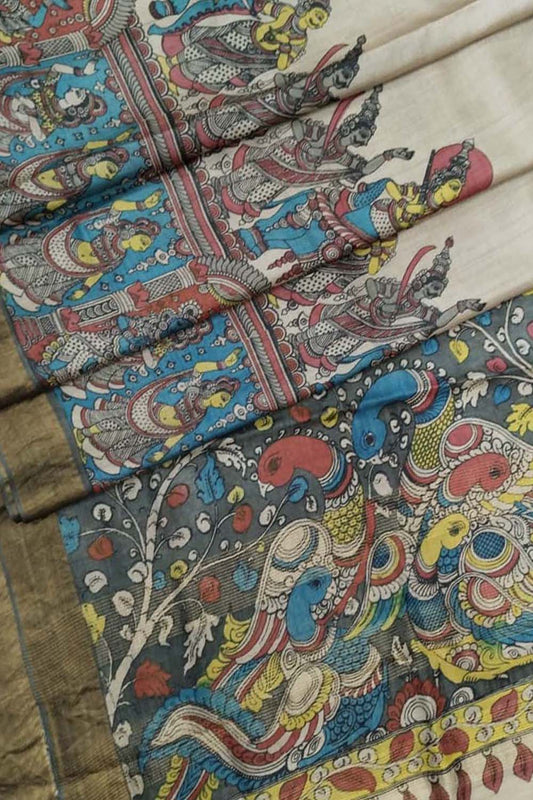 Vibrant Multicolor Kalamkari Tussar Silk Saree with Hand Pen Work