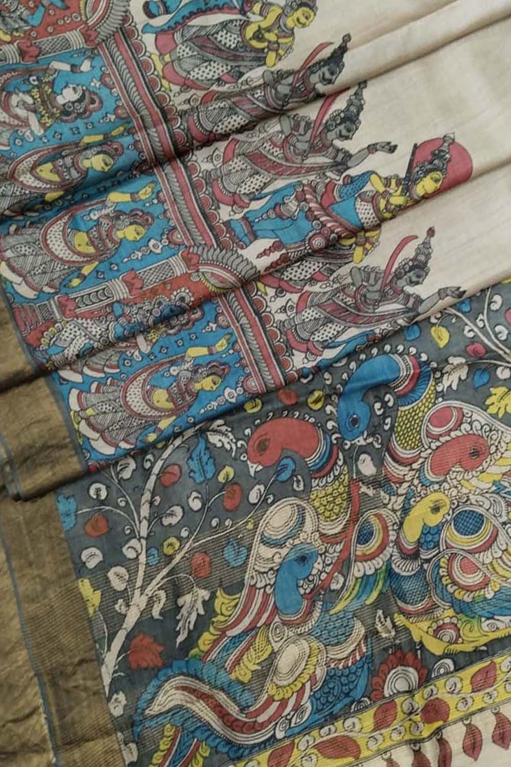 Vibrant Multicolor Kalamkari Tussar Silk Saree with Hand Pen Work - Luxurion World