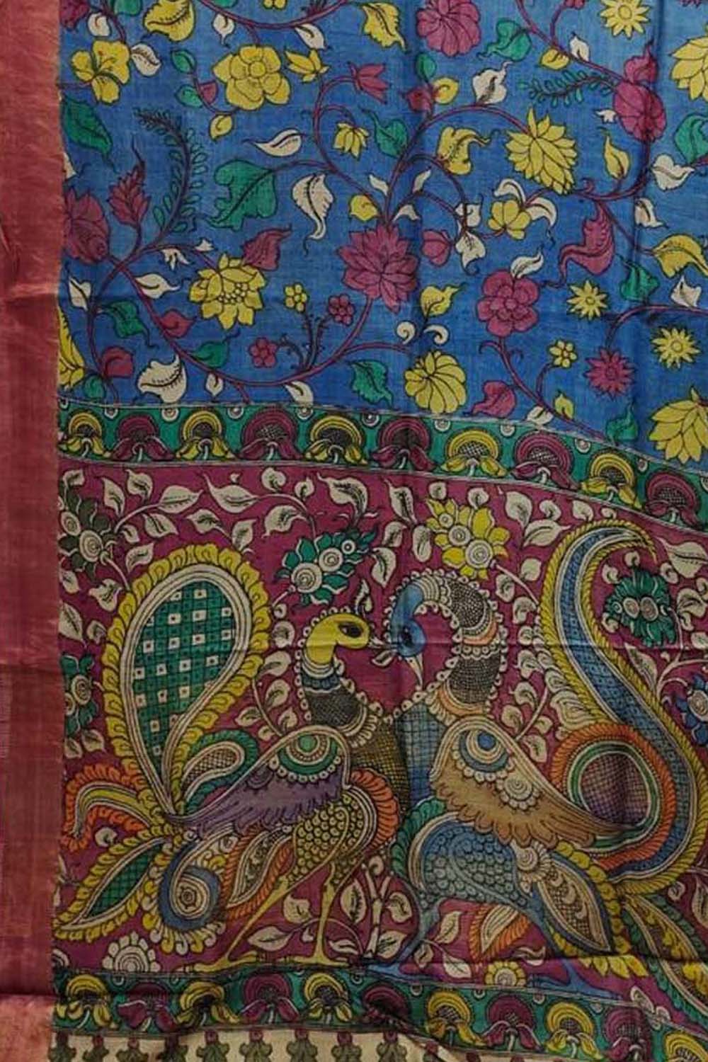 Vibrant Multicolor Hand Pen Kalamkari Tussar Silk Saree - Luxurion World