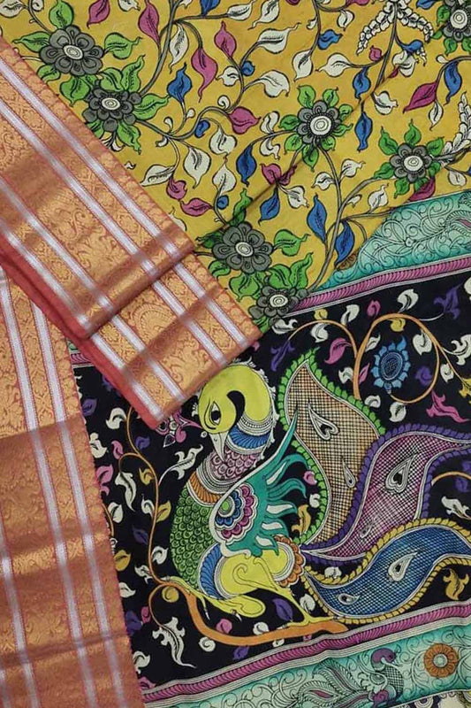 Exquisite Yellow Kalamkari Hand Painted Silk Saree