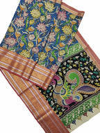 Blue Kalamkari Hand Painted Silk Saree - Luxurion World