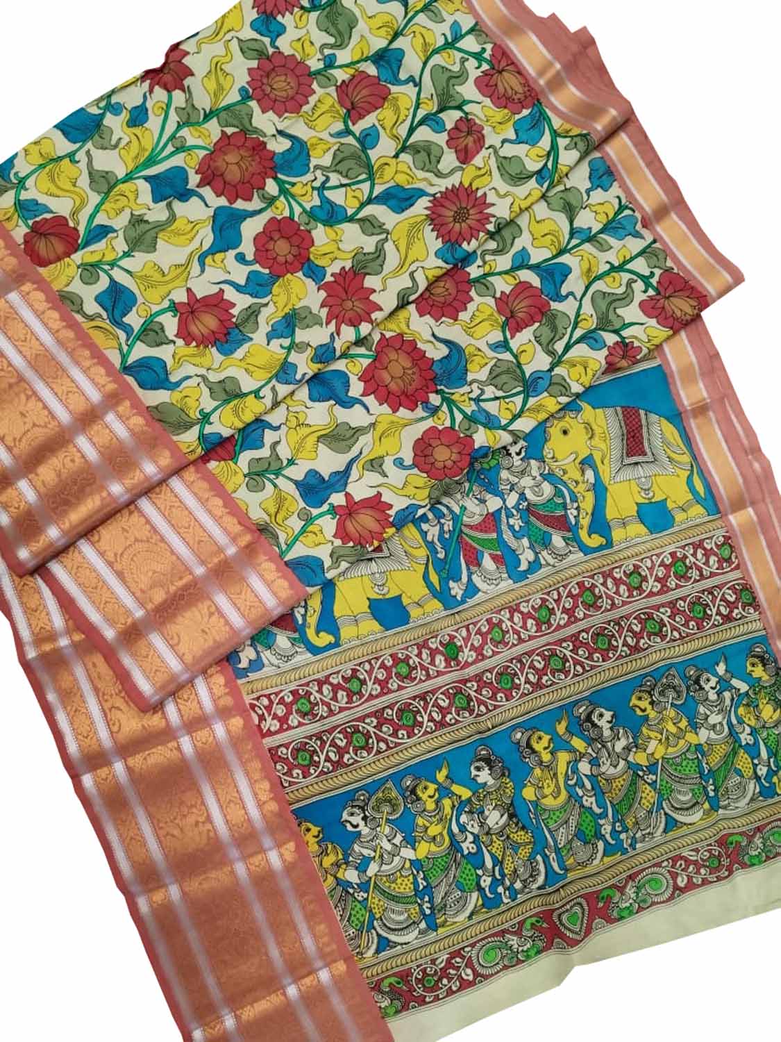 Off White Kalamkari Hand Painted Silk Saree - Luxurion World
