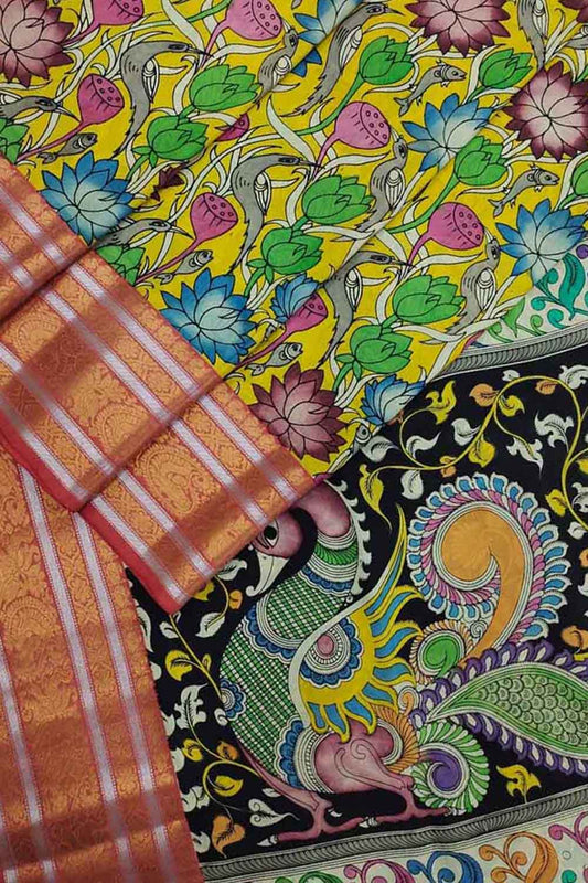 Exquisite Yellow Kalamkari Hand Painted Silk Saree