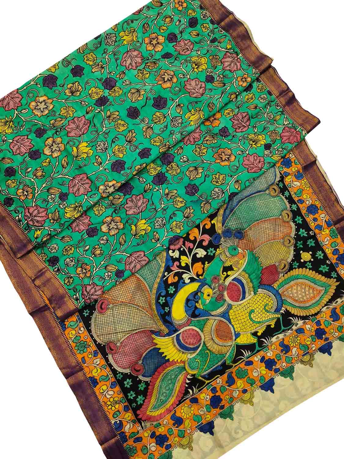 Kalamkari Hand Painted Silk Saree with Multicolor Pen - Luxurion World