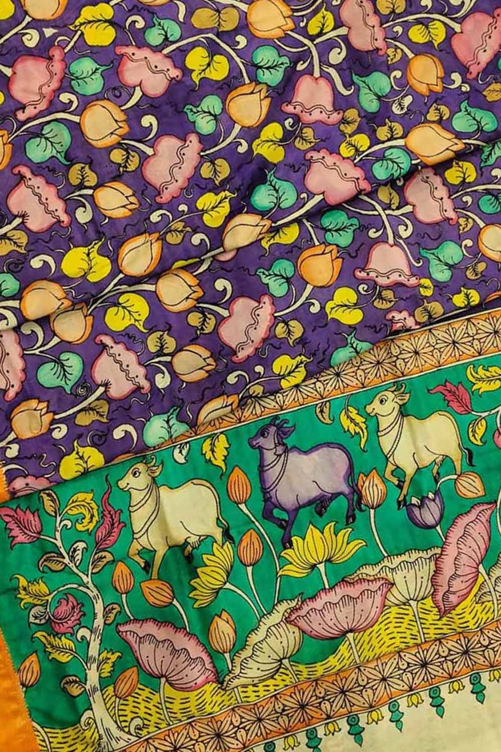 Kalamkari Hand Painted Silk Saree with Multicolor Pen - Luxurion World